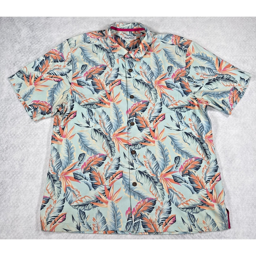 Tommy Bahama Silk‎ Blend Mens Large Blue Floral Tropical Button Up Shirt